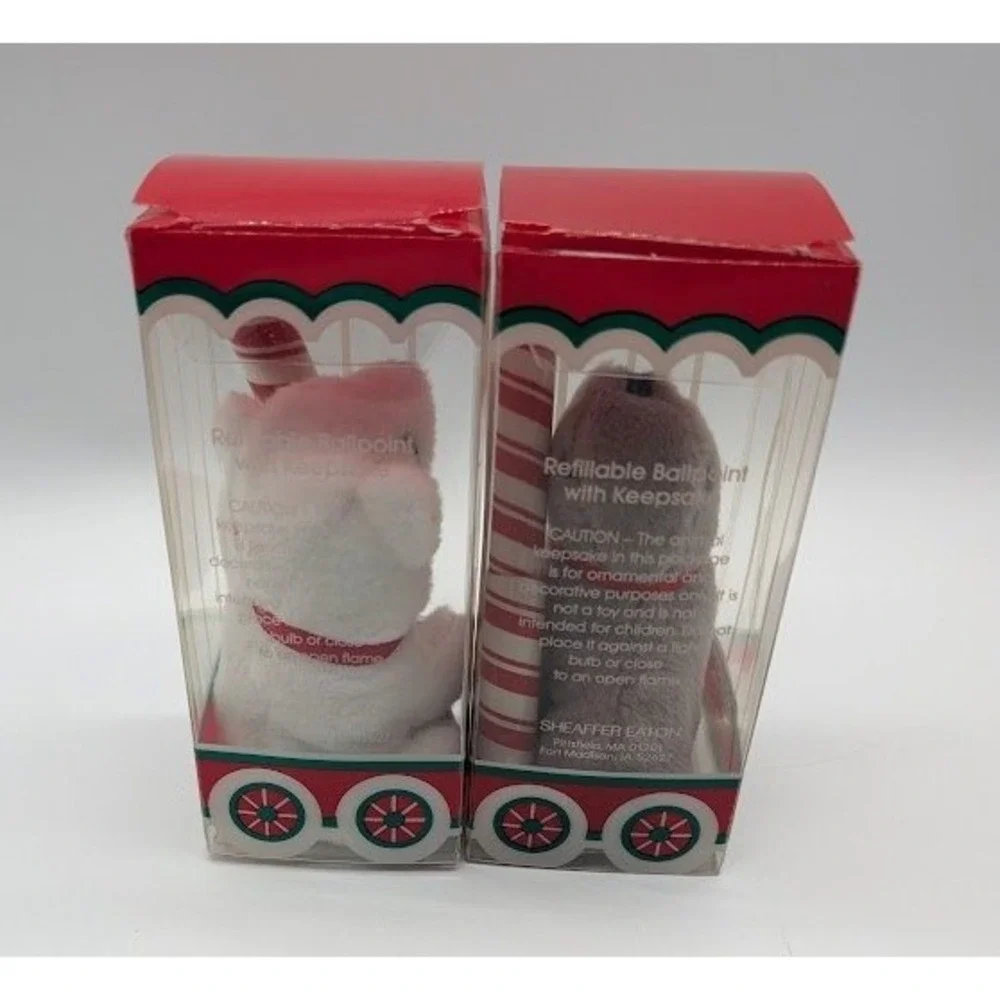 2 Set Vtg 80s Sheaffer Eaton Refillable Ballpoint Pen Christmas Plush Bear Seal